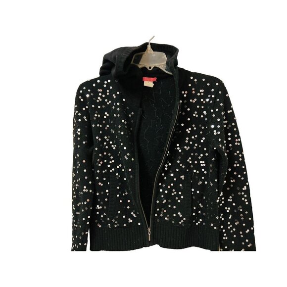 Women's Small J.Crew Wool sweatshirt hoodie black Sequins full zip - Picture 2 of 7